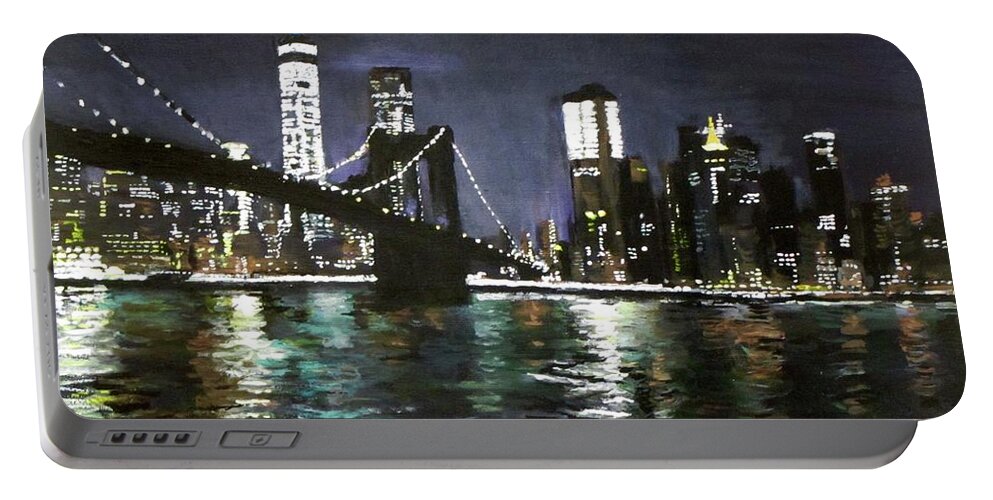 Brooklyn Bridge Portable Battery Charger featuring the painting Brooklyn Bridge, East River at Night by Jack Skinner