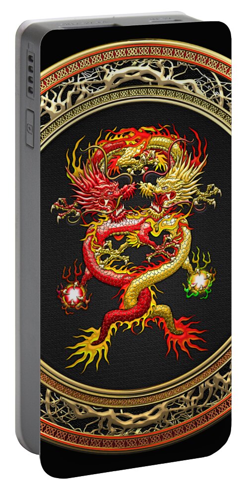 'treasure Trove' Collection By Serge Averbukh Portable Battery Charger featuring the digital art Brotherhood of the Snake - The Red and The Yellow Dragons on Black Velvet by Serge Averbukh