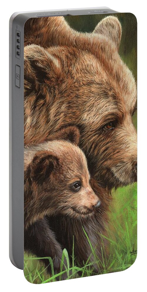Bear Portable Battery Charger featuring the painting Brown Bear and Cub by David Stribbling