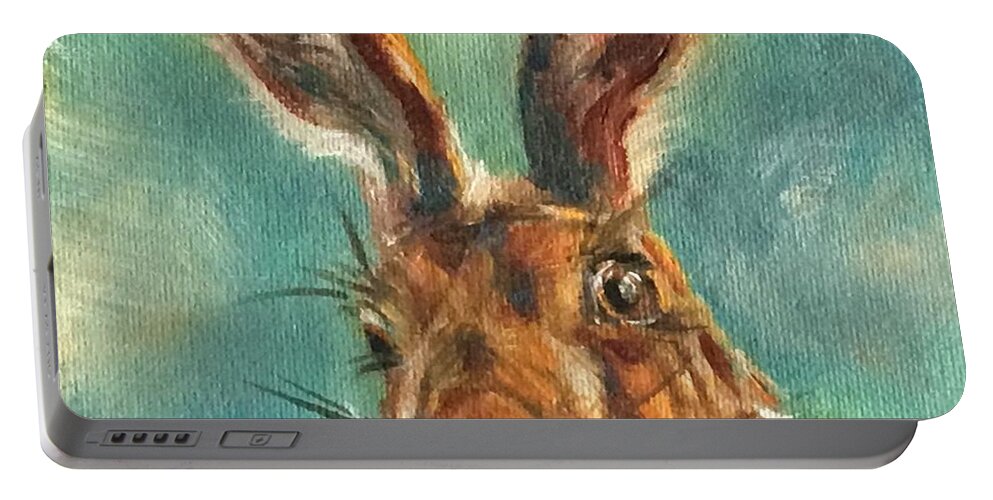 Brown Hare 6 X 6 Oil Painting On Canvas Bonded On1.5 Depth Cradle Panel. Ready To Hang Portable Battery Charger featuring the painting Brown Hare by Susan Goh
