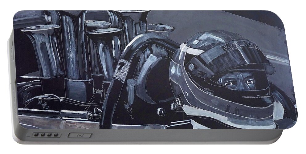 Car Portable Battery Charger featuring the painting Bruce McLaren Canam by Richard Le Page