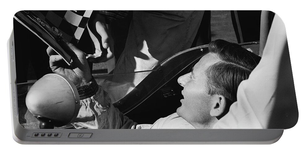 Can-am Portable Battery Charger featuring the photograph Bruce McLaren takes time for fan by Robert K Blaisdell
