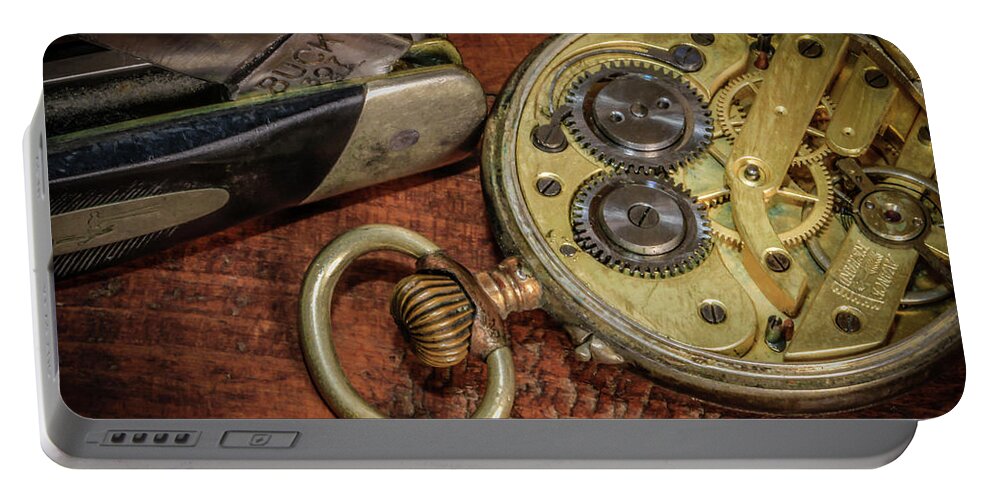 Pocket Watch Portable Battery Charger featuring the photograph Buck Knife And Watch by Ray Congrove