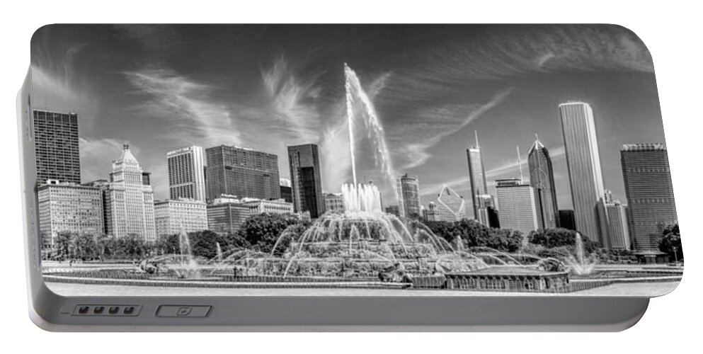 Chicago Portable Battery Charger featuring the photograph Buckingham Fountain Skyline Panorama Black and White by Christopher Arndt