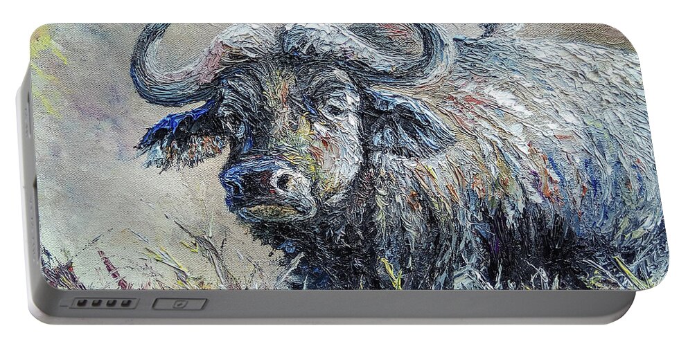 Africa Portable Battery Charger featuring the painting Buffalo and Bird by Anthony Mwangi