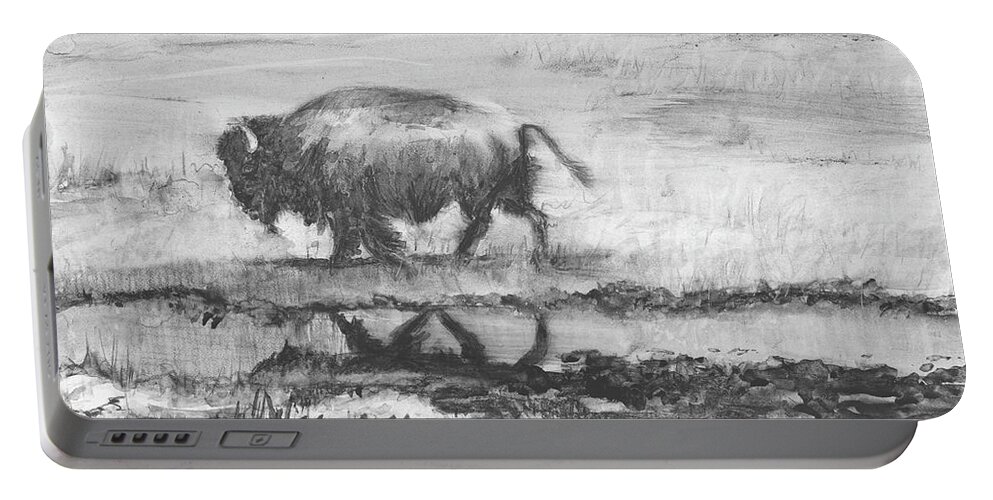 Buffalo Portable Battery Charger featuring the painting Buffalo Reflection by Sheila Johns