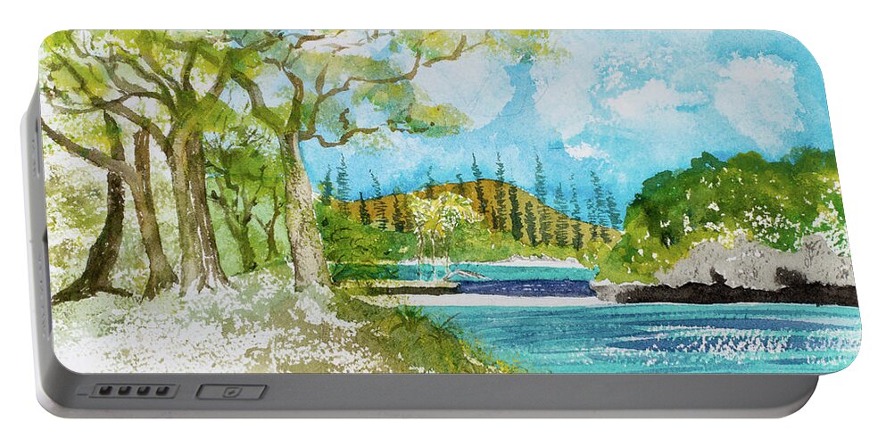 Afternoon Portable Battery Charger featuring the painting Bugny trees at Kanumera Bay, Ile des Pins #2 by Dorothy Darden