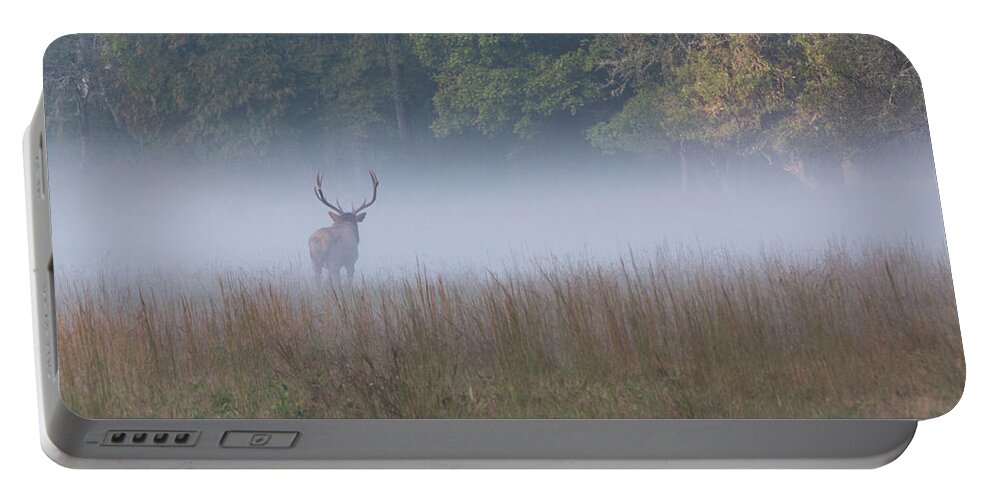 Elk Portable Battery Charger featuring the photograph Bull Elk Disappearing in Fog - September 30 2016 by D K Wall
