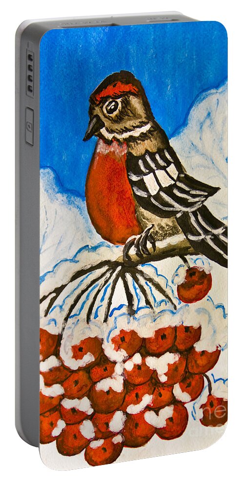 Hand Painted Portable Battery Charger featuring the painting Bullfinch on branch of ashberry tree, painting by Irina Afonskaya