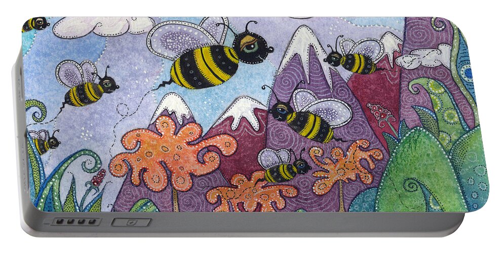Whimsical Landscape Portable Battery Charger featuring the painting Bumble Bee Buzz by Tanielle Childers