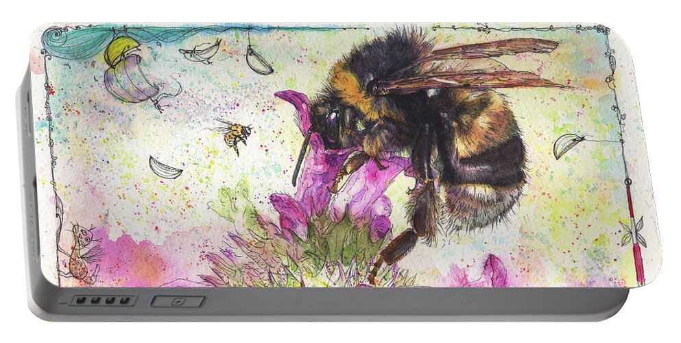 Bees Portable Battery Charger featuring the painting Bumble Bee on flower by Petra Rau