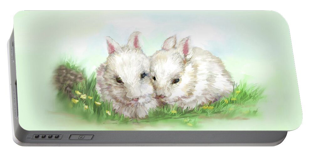 White Portable Battery Charger featuring the digital art Bunny Love in Color by Bonnie Willis