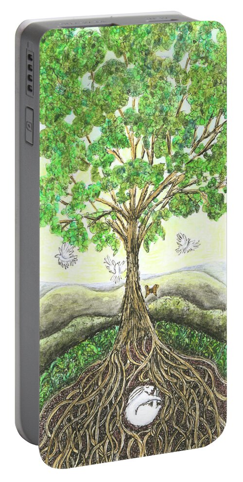 Lise Winne Portable Battery Charger featuring the painting Bunny Nap in Tree Roots by Lise Winne