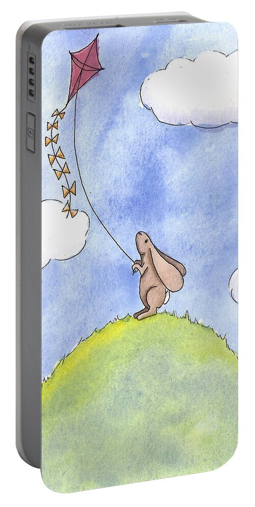 Bunny Portable Battery Charger featuring the painting Bunny with a Kite by Christy Beckwith
