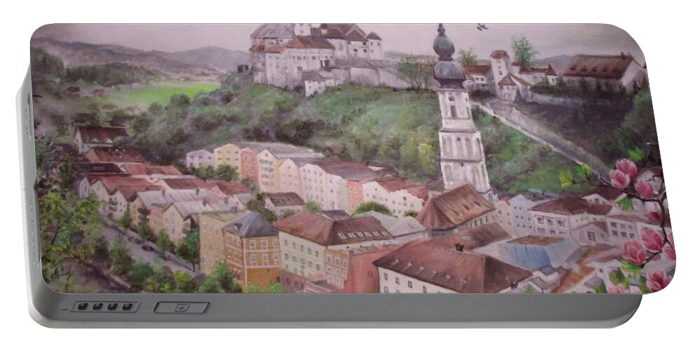 Spring Days In Burghausen Portable Battery Charger featuring the painting Burhausen by Sorin Apostolescu