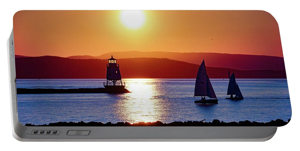 Lighthouse Portable Battery Charger featuring the photograph Burlington Breakwater Sunset by Mark Rogers