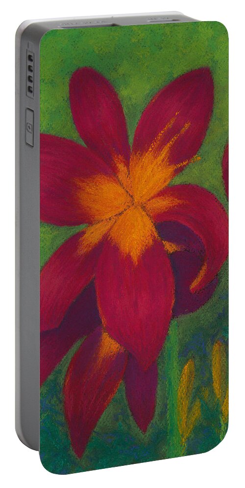 Bright Red Lilies Portable Battery Charger featuring the pastel Burst of Joy by Anne Katzeff