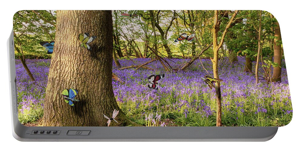 Butterflies Portable Battery Charger featuring the photograph Butterflies in a bluebell woodland by Simon Bratt