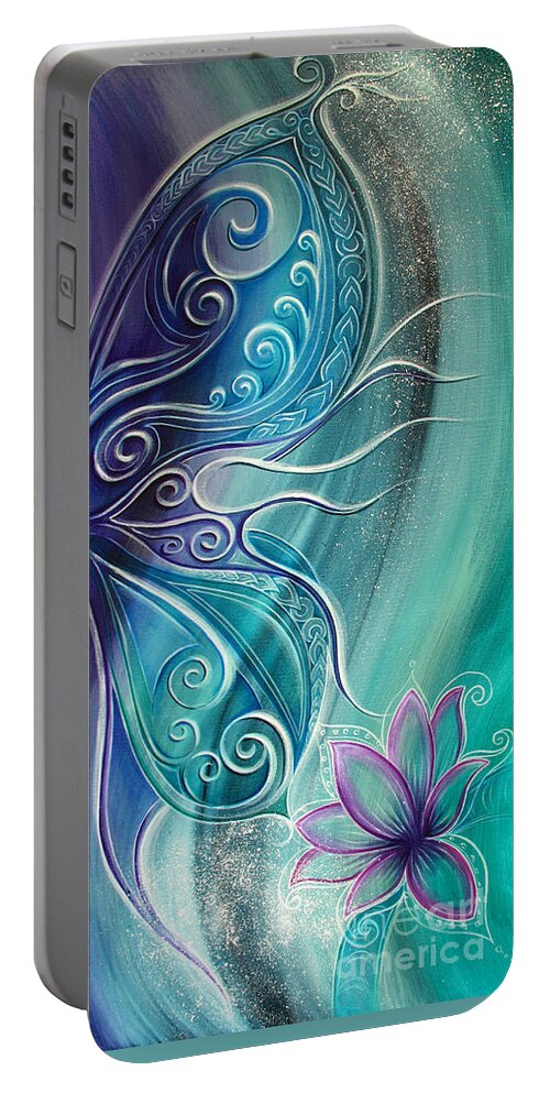 Butterfly Portable Battery Charger featuring the painting Butterfly Wing with Lotus by Reina Cottier