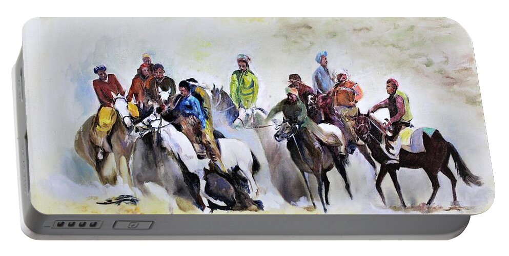 Buzkashi Sport Portable Battery Charger featuring the painting Buzkashi sport by Khalid Saeed