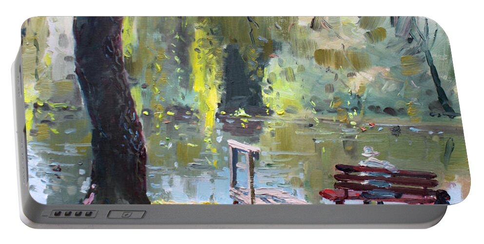 Lake Portable Battery Charger featuring the painting By The Lake by Ylli Haruni