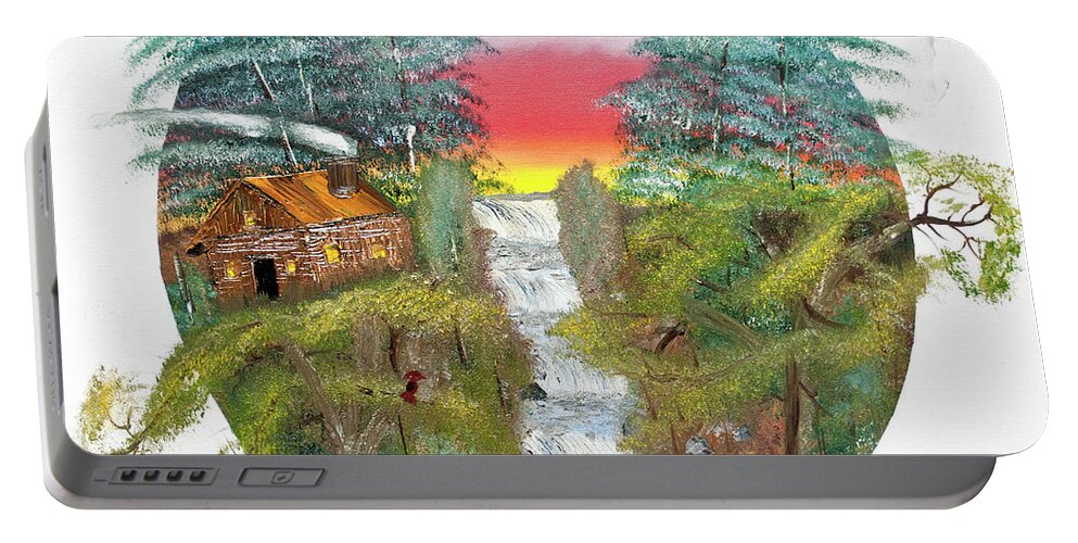 Oil On Canvas Portable Battery Charger featuring the painting Cabin by the Falls by Joseph Summa