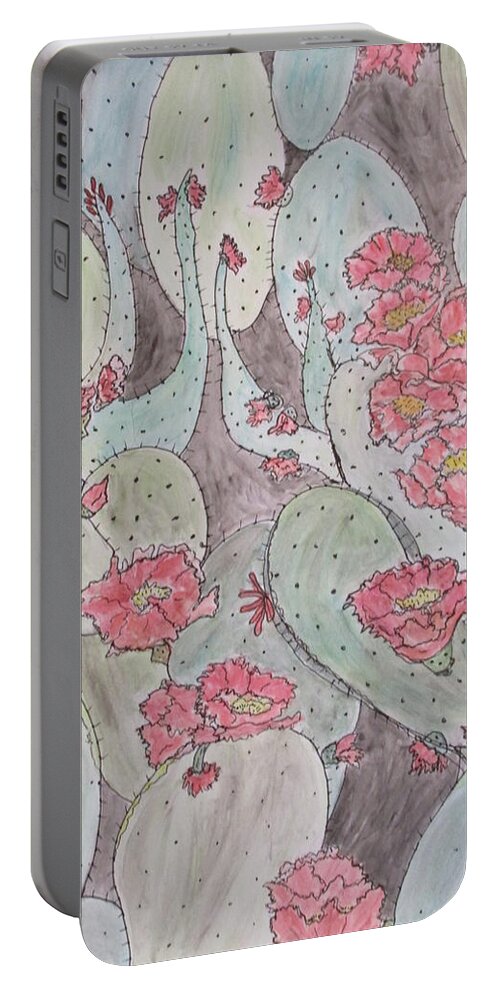 Abstract Cactus Blooming Desert Joy Dark Rose Lt. Rose Vermillion Carmine Pink Yellow All Greens Black Pen And Ink Portable Battery Charger featuring the mixed media Cactus Voices #2 by Sharyn Winters
