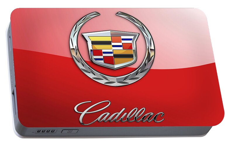 wheels Of Fortune Collection By Serge Averbukh Portable Battery Charger featuring the photograph Cadillac - 3 D Badge on Red by Serge Averbukh