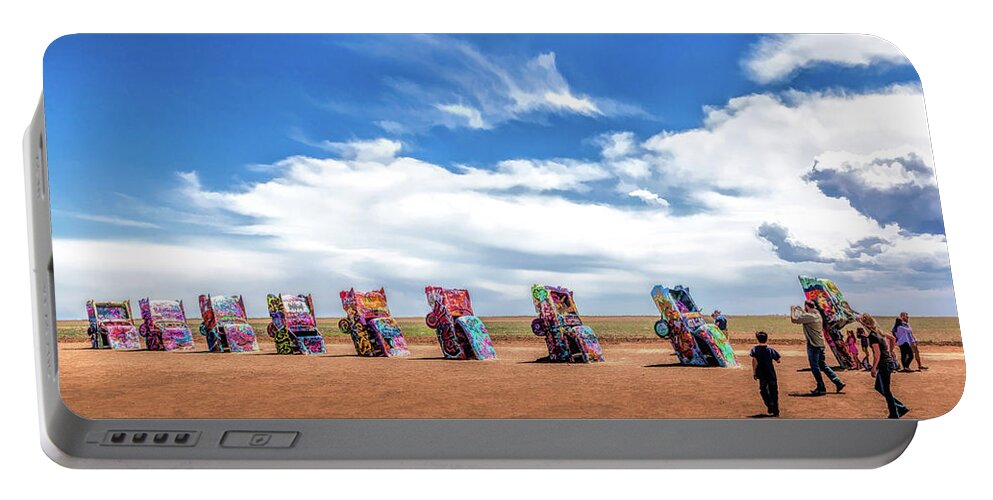 Cadillac Ranch Portable Battery Charger featuring the painting Route 66 Cadillac Ranch by Christopher Arndt