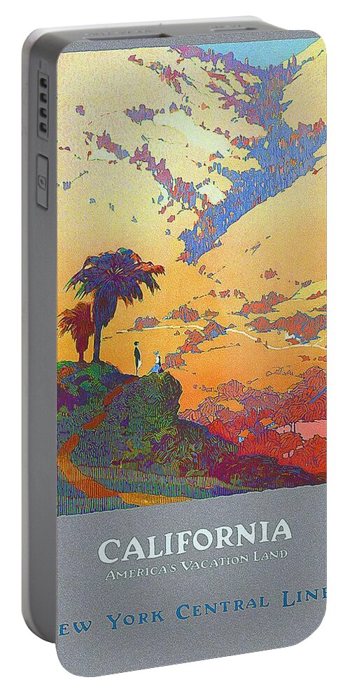 California Portable Battery Charger featuring the mixed media California - America's Vacation Land and New York Central Lines - Retro travel Poster - Vintage by Studio Grafiikka
