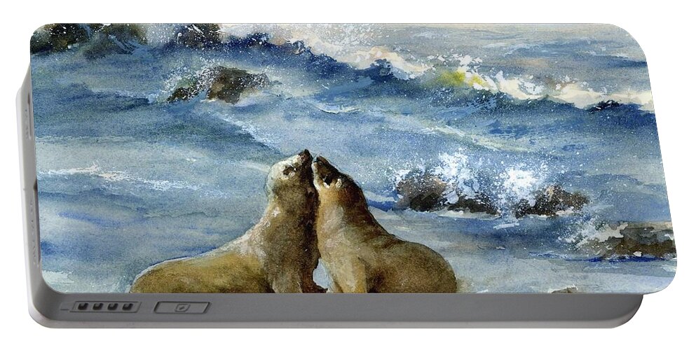 A Lovely Sea Lion Couple Stealing Kisses As Waves Crash On The Rocks Behind Them. Portable Battery Charger featuring the painting California Sea Lions by Virginia Potter