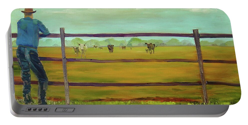 Western Portable Battery Charger featuring the painting Calling 'em Home by Lilibeth Andre