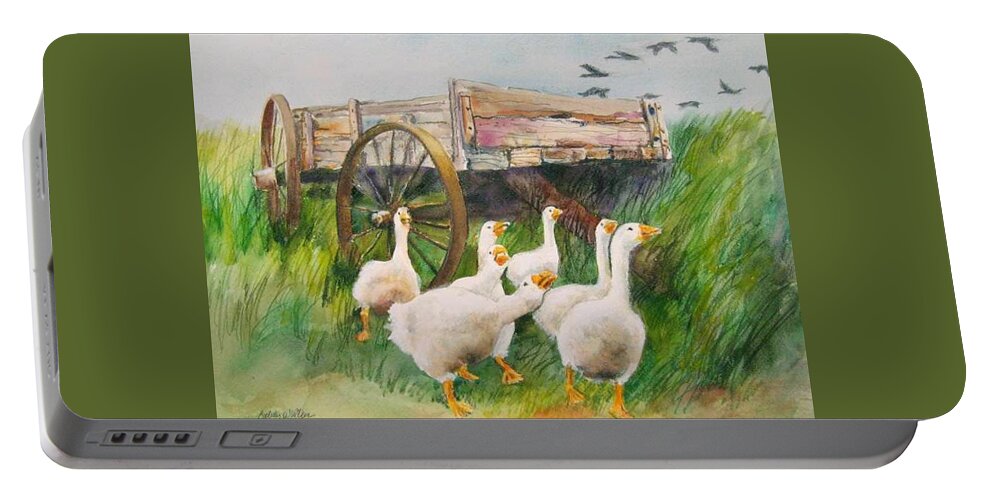 Geese Portable Battery Charger featuring the painting Calling Home by Bobby Walters