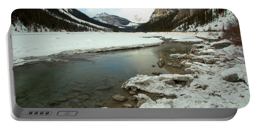 Rampart Creek Portable Battery Charger featuring the photograph Calm Water Along The Icefields Parkway by Adam Jewell