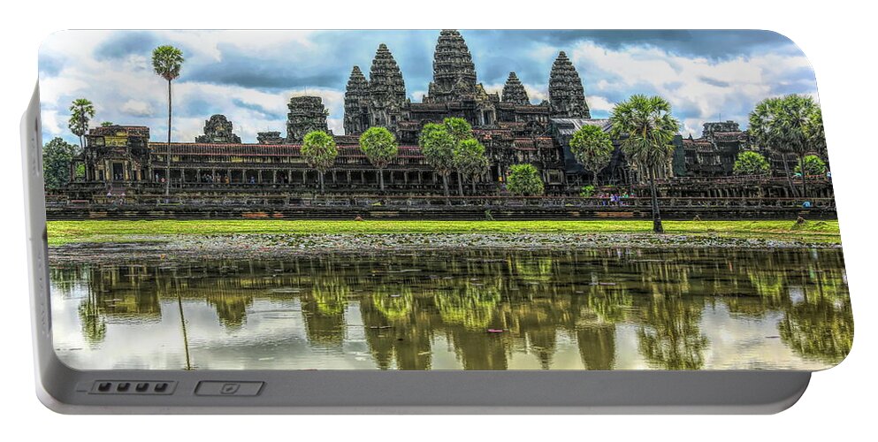 Angkor Wat Portable Battery Charger featuring the digital art Cambodia Panorama Angkor Wat Reflections by Chuck Kuhn