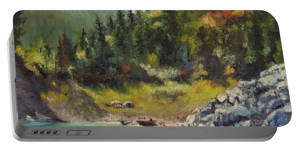 Palisades Lake Idaho Portable Battery Charger featuring the painting Camping On The Lake Shore by Lori Brackett