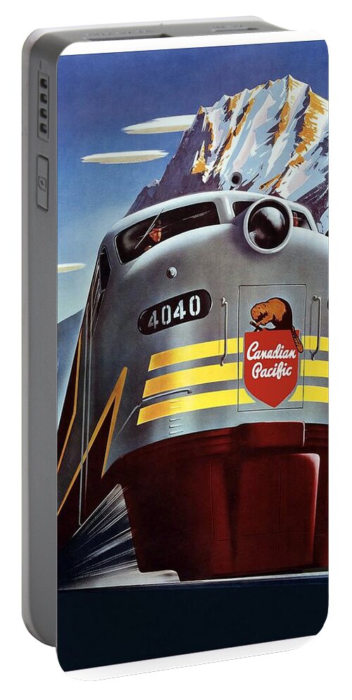 Canadian Pacific Portable Battery Charger featuring the mixed media Canadian Pacific - Railroad Engine, Mountains - Retro travel Poster - Vintage Poster by Studio Grafiikka