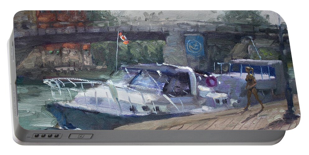 Yachts Portable Battery Charger featuring the painting Canadian Yacht at Tonawanda Harbor by Ylli Haruni
