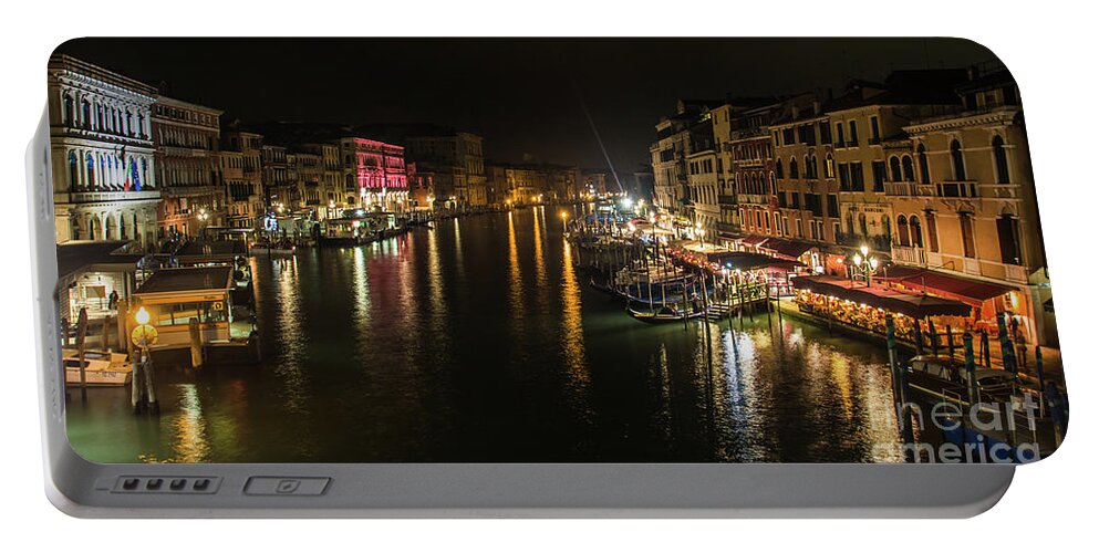 Boat Portable Battery Charger featuring the photograph Canal in venice by night, in Italy, view from the Rialto bridge by Amanda Mohler