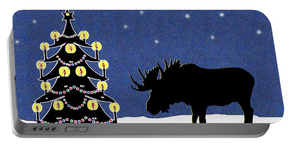 Moose Portable Battery Charger featuring the digital art Candlelit Christmas Tree and Moose in the Snow by Nancy Mueller