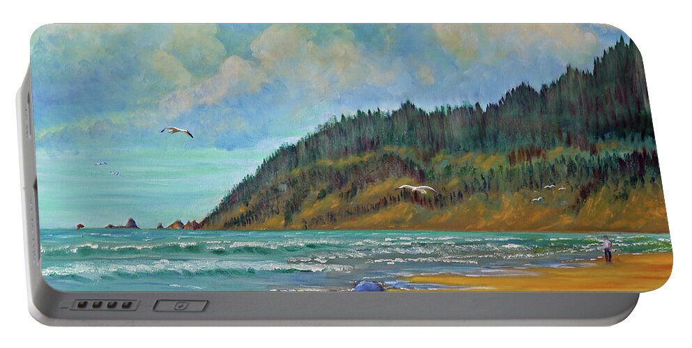 Cannon Beach Oregon Portable Battery Charger featuring the painting Cannon Beach Kids by Kevin Hughes