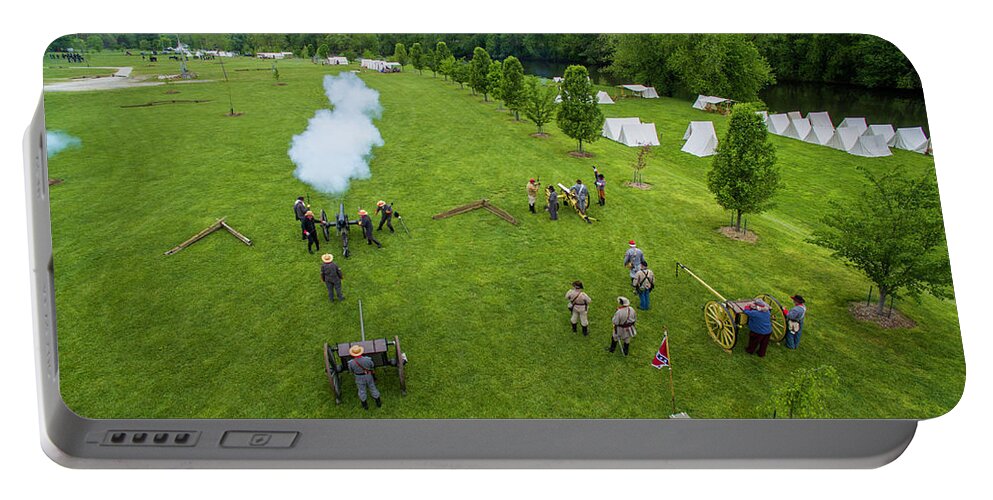 Cannon Portable Battery Charger featuring the photograph Cannon Fire by the Camp by Star City SkyCams
