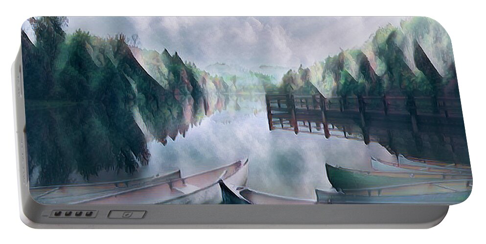 Appalachia Portable Battery Charger featuring the photograph Canoes in Lakeside Abstracts by Debra and Dave Vanderlaan