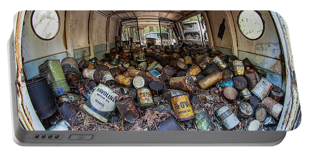 Oil Portable Battery Charger featuring the photograph Cans in the Van I by Shirley Radabaugh