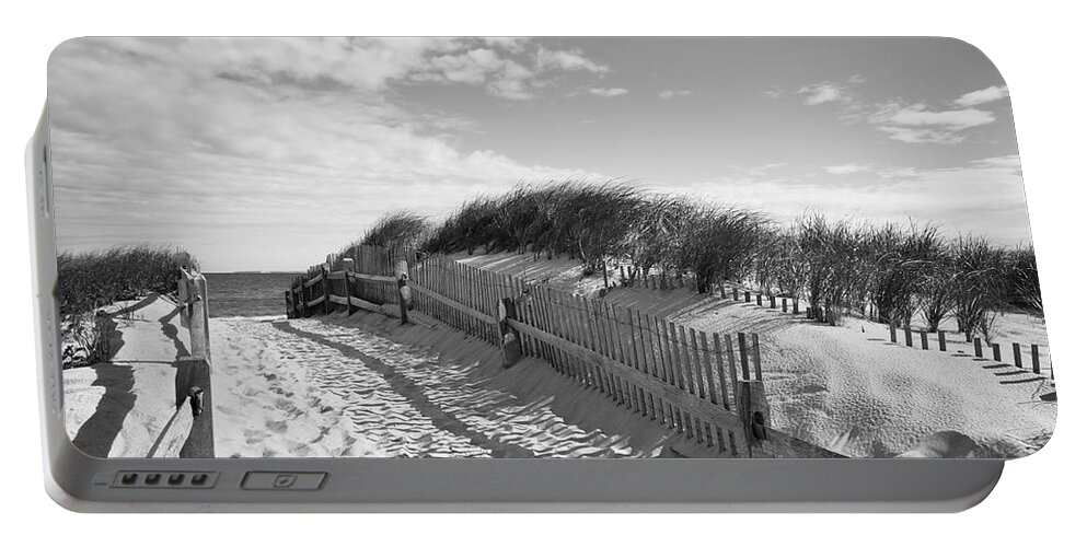 Black And White Portable Battery Charger featuring the photograph Cape Cod Beach Entry by Mircea Costina Photography
