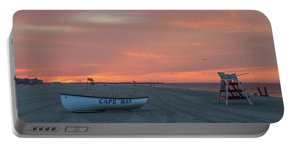 Cape; May; New; Jersey; Fire; In; The; Sky; New; Jersey; Beach; Shore; Lifeboat; Life; Boat; Bill; Cannon; Photography Portable Battery Charger featuring the photograph Cape May - Red Skies by Bill Cannon