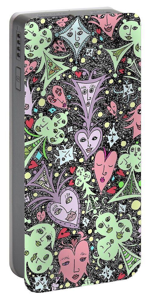 This Cartoon Is A Version Of A Black And White Ink Drawing Depicting Playing Cards With Faces. The Earlier Versions Were Meant More For Home Decor Portable Battery Charger featuring the digital art Card Game Symbols Cartoon by Lise Winne