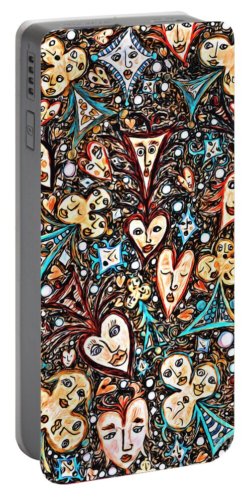 Lise Winne Portable Battery Charger featuring the digital art Card Game Symbols with Faces Rust and Turquoise by Lise Winne