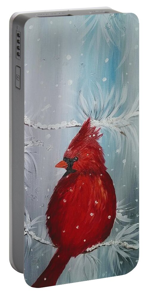 Cardinal Portable Battery Charger featuring the painting Cardinal in Winter by Lynne McQueen