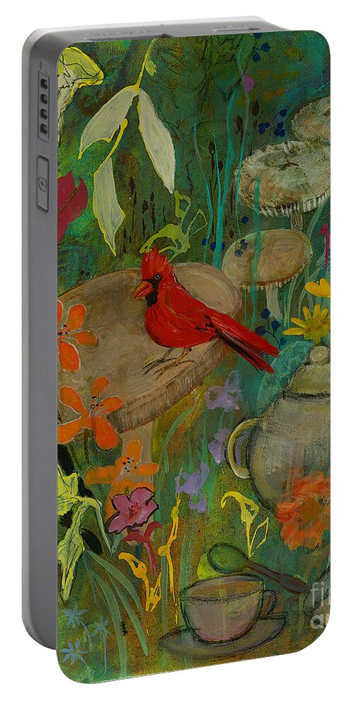 Cardinal Portable Battery Charger featuring the painting Cardinal Tea by Robin Pedrero
